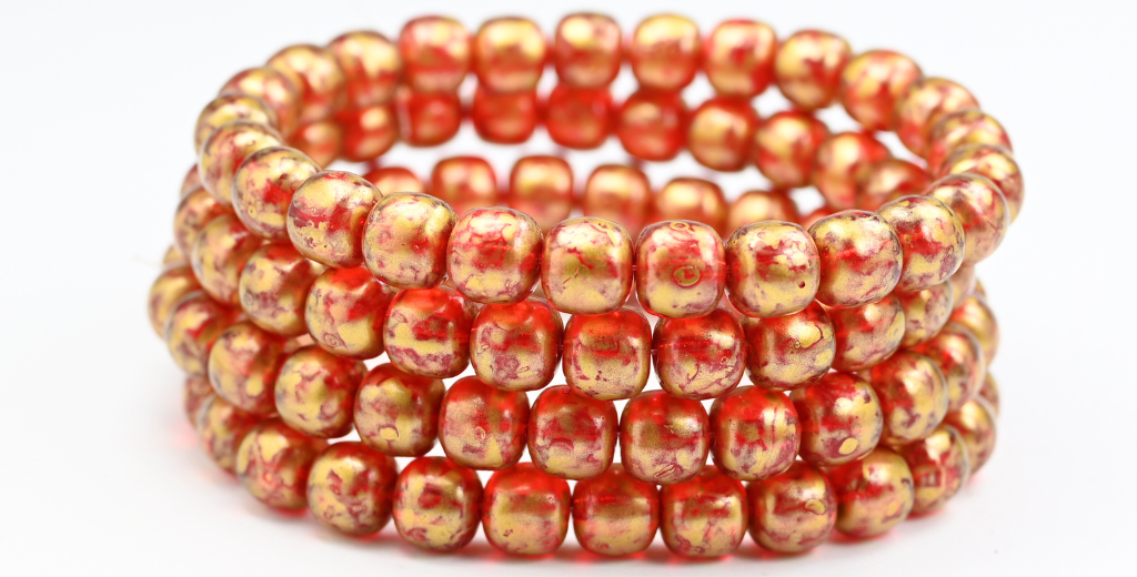 Pony Pressed Semi Roound Beads, Transparent Red Gold Splash (90100-86720), Glass, Czech Republic