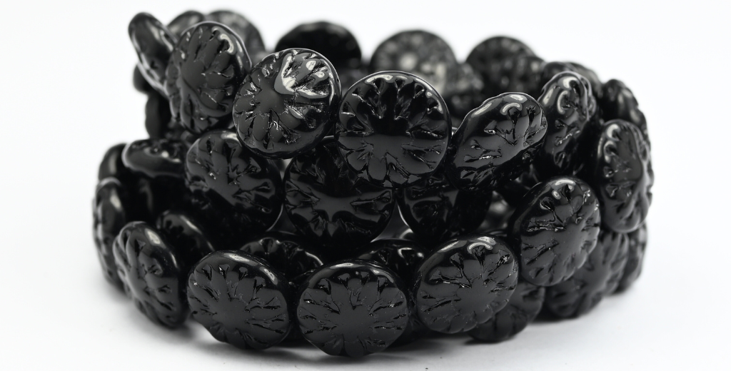 丸型エーデルワイス プレスガラスビーズ、ブラック（23980）、ガラス、チェコ共和国