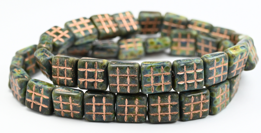 Square With 9 Squares Pressed Glass Beads, Xxxxx Travertin Copper Lined (XXXXX-86800-54200), Glass, Czech Republic