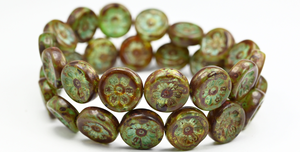 Round Flat With 6-Petal Flower Pressed Glass Beads, Opal Aqua Travertin (61100-86800), Glass, Czech Republic