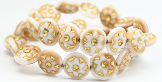 Round With Convex Flower Pressed Glass Beads, Beige Gold Lined (07104-54202), Glass, Czech Republic