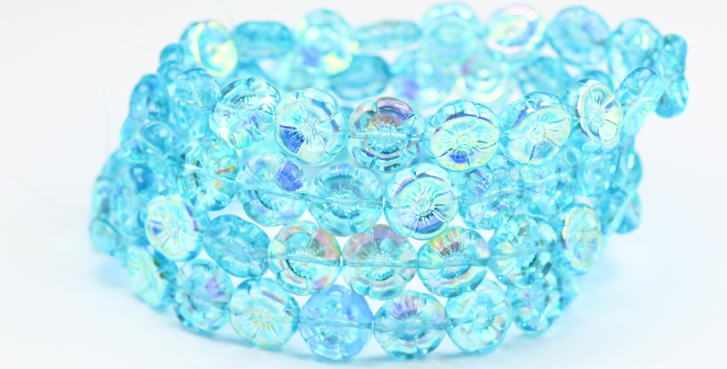 Hawaii Flower Pressed Glass Beads, Crystal Light Aqua Blue Ab (00030-34308-AB), Glass, Czech Republic