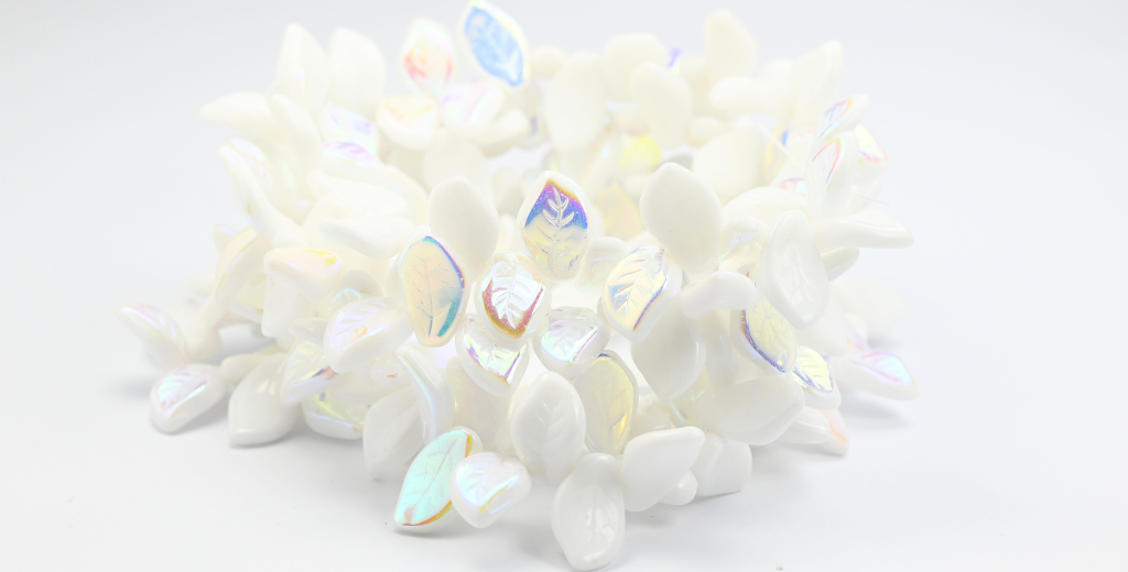 Ovate Leaf Pressed Glass Beads, White Ab (02010-AB), Glass, Czech Republic