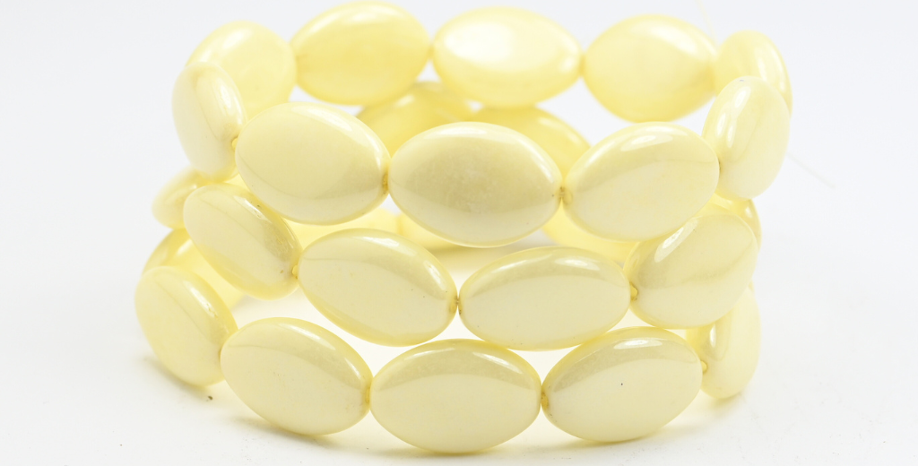 Flat Oval Pressed Glass Beads, White Luster Yellow Full Coated (02010-14483), Glass, Czech Republic