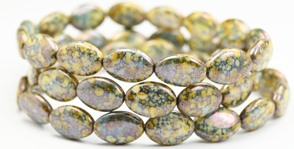 Flat Oval Pressed Glass Beads, Chalk White Senegal Blue (03000-15664), Glass, Czech Republic