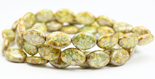 Flat Oval Pressed Glass Beads, Chalk White Senegal Green (03000-15657), Glass, Czech Republic