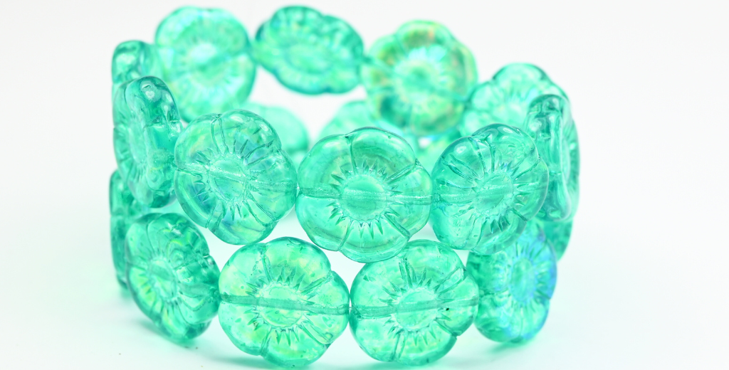 Round Flat Flower Pressed Glass Beads, Crystal Light Turquoise Ab (00030-34309-AB), Glass, Czech Republic