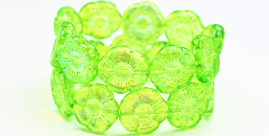 丸型フラットフラワー型押しガラスビーズ、クリスタルライトアクアブルーAB（00030-34308-AB）、ガラス、チェコ共和国