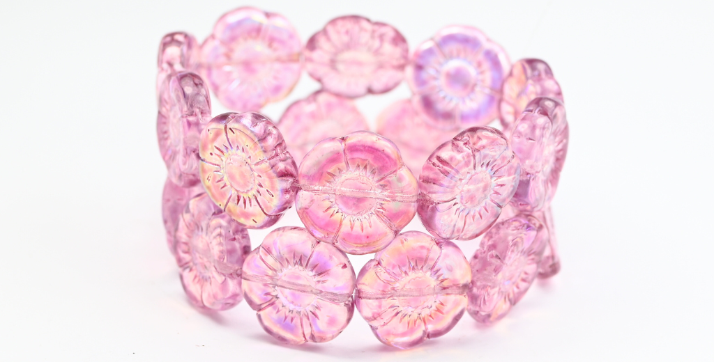 Round Flat Flower Pressed Glass Beads, Crystal Light Fuchsia Pink Ab (00030-34306-AB), Glass, Czech Republic