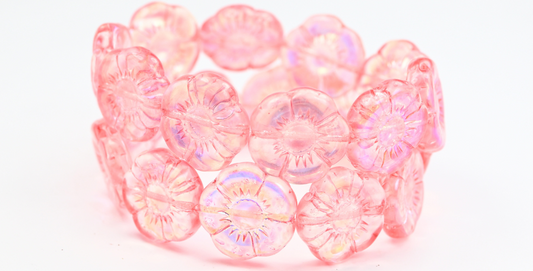 Round Flat Flower Pressed Glass Beads, Crystal Light Pink Ab (00030-34304-AB), Glass, Czech Republic