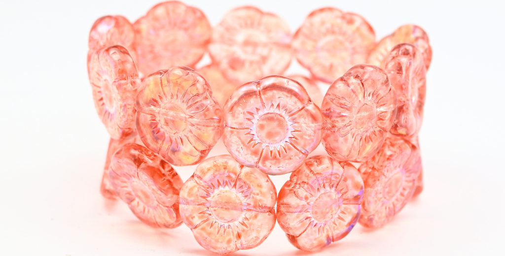 Round Flat Flower Pressed Glass Beads, Crystal Light Pink Peach Ab (00030-34305-AB), Glass, Czech Republic