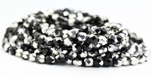 Fire Polished Round Faceted Beads, Black Crystal Silver Half Coating (23980-27001), Glass, Czech Republic