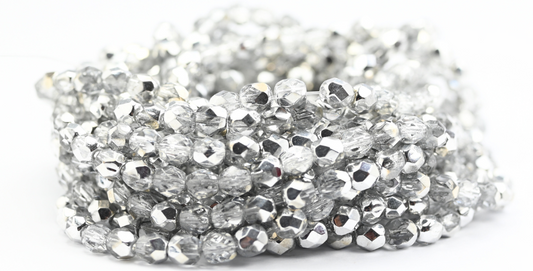 Fire Polished Round Faceted Beads, Crystal Crystal Silver Half Coating (00030-27001), Glass, Czech Republic