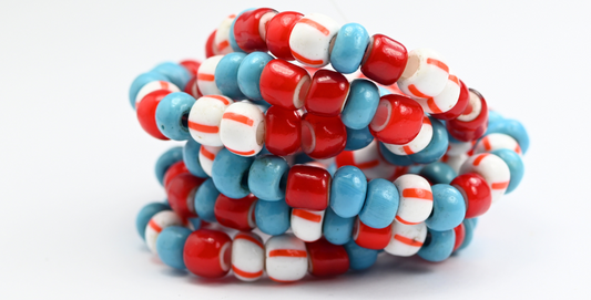 Round Pressed Glass Beads Druck, Red Blue White Mixed Colors (Red Blue White Mix), Glass, Czech Republic