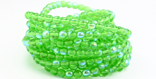 Round Pressed Glass Beads Druck, Transparent Green Ab (50500-AB), Glass, Czech Republic