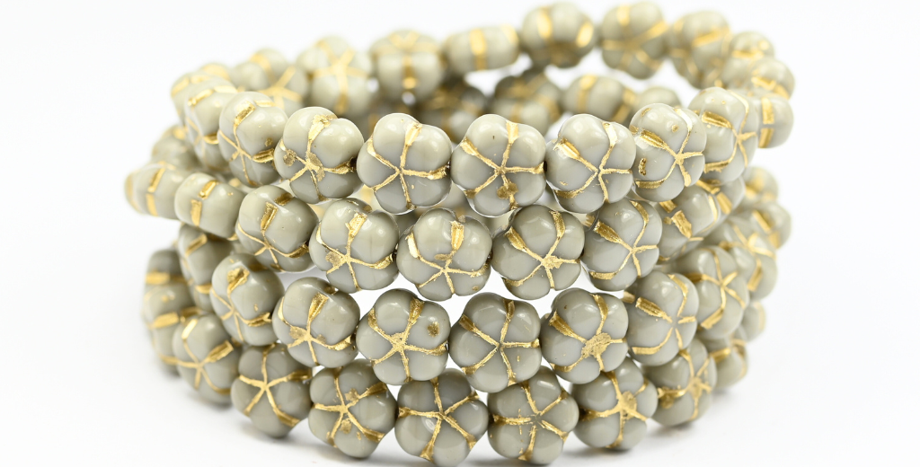 5-Petal Flower Pressed Beads, Opaque Gray Gold Lined (43020-54202), Glass, Czech Republic