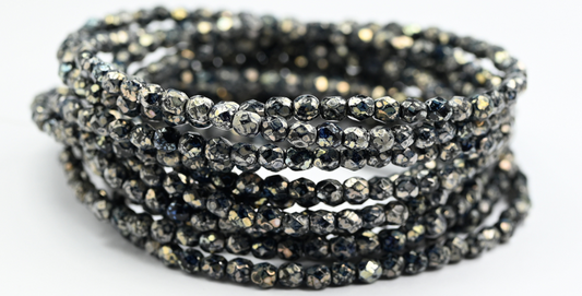 ファイアポリッシュラウンドファセットビーズ、ブラックレンブラントトラバーチン（23980-43500）、ガラス、チェコ共和国