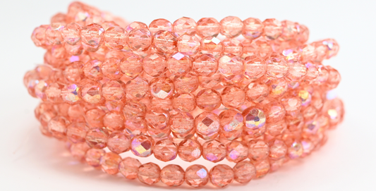 Fire Polished Round Faceted Beads, Crystal Light Pink Peach Ab (00030-34305-AB), Glass, Czech Republic