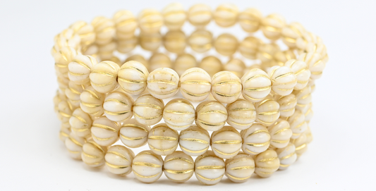 Melon Round Pressed Glass Beads With Stripes, 1704 Gold Lined (01704-54202), Glass, Czech Republic