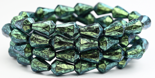 Special Cut Teardrop Faceted Beads, Black Green Iridiscent (23980-86922), Glass, Czech Republic