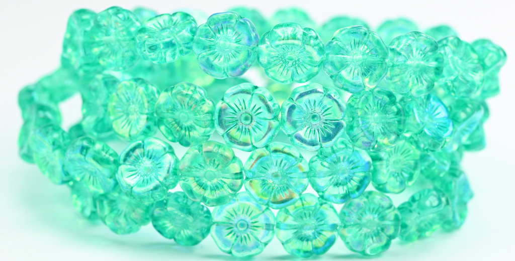 OUTLET 10 grams Hawaiian Flower Beads, 12 x 12 mm, Crystal Light Turquoise Ab (00030-34309-28701), Glass, Czech Republic