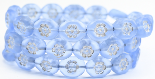 Oval Pressed Glass Beads With Flowers, Transparent Blue Silver Lined Matte (30020-54201-M), Glass, Czech Republic