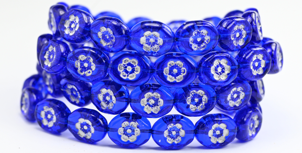 Oval Pressed Glass Beads With Flowers, Transparent Blue Silver Lined (30080-54201), Glass, Czech Republic