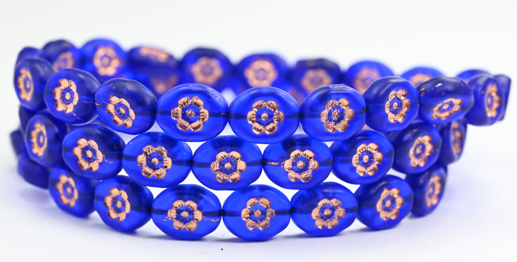 Oval Pressed Glass Beads With Flowers, Transparent Blue Copper Lined Matte (30080-54200-M), Glass, Czech Republic