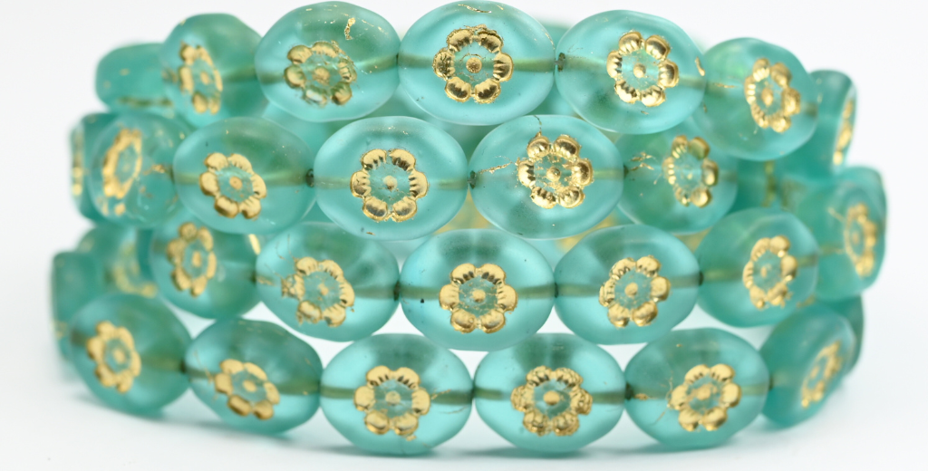 Oval Pressed Glass Beads With Flowers, Transparent Aqua Gold Lined Matte (60110-54202-M), Glass, Czech Republic