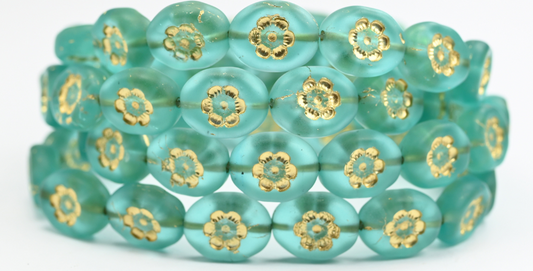 Oval Pressed Glass Beads With Flowers, Transparent Aqua Gold Lined Matte (60110-54202-M), Glass, Czech Republic