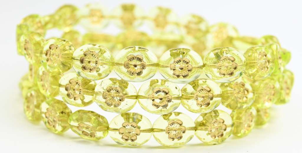 Oval Pressed Glass Beads With Flowers, Transparent Yellow Gold Lined U ...