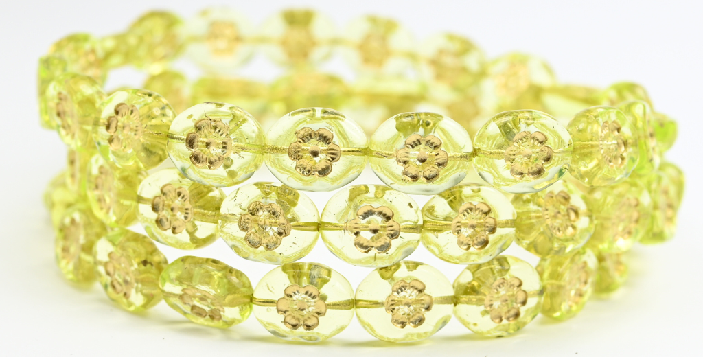 Oval Pressed Glass Beads With Flowers, Transparent Yellow Gold Lined Uranium (80130-54202-URANIUM), Glass, Czech Republic