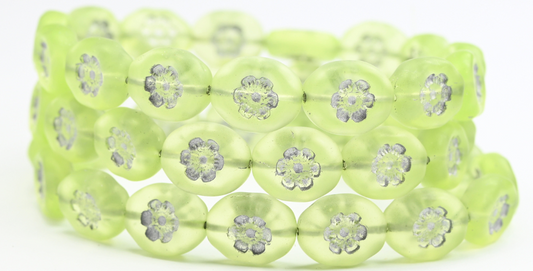 Oval Pressed Glass Beads With Flowers, Transparent Yellow Silver Lined Uranium Matte (80130-54201-URANIUM-M), Glass, Czech Republic