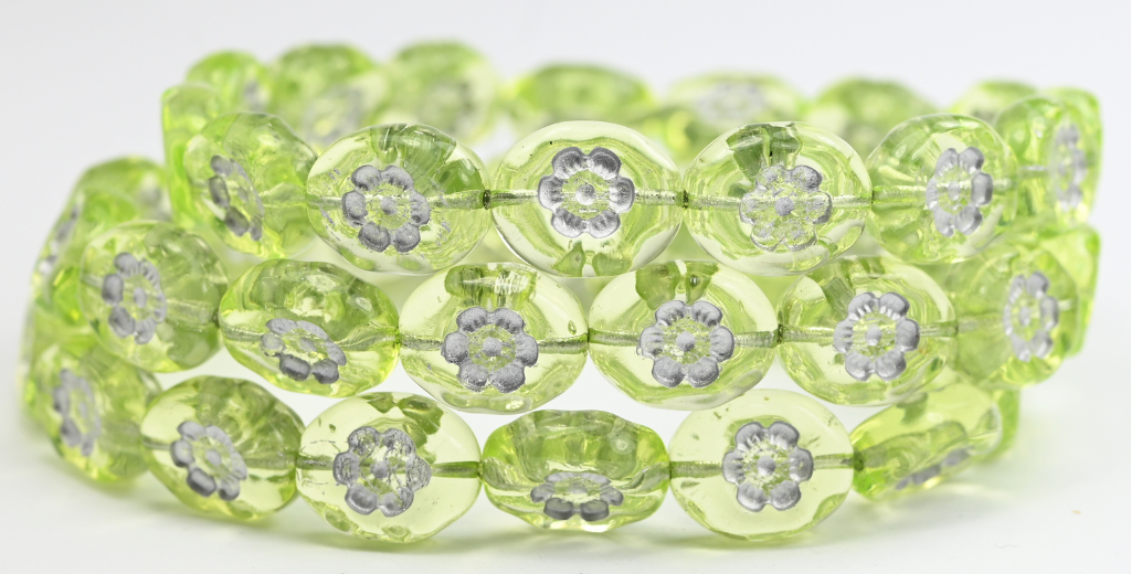 Oval Pressed Glass Beads With Flowers, Transparent Yellow Silver Lined Uranium (80130-54201-URANIUM), Glass, Czech Republic