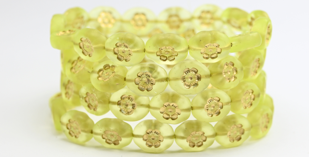 Oval Pressed Glass Beads With Flowers, Transparent Yellow Gold Lined Uranium Matte (80130-54202-URANIUM-M), Glass, Czech Republic