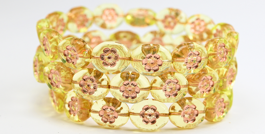 Oval Pressed Glass Beads With Flowers, Transparent Yellow Copper Lined Uranium (80130-54200-URANIUM), Glass, Czech Republic