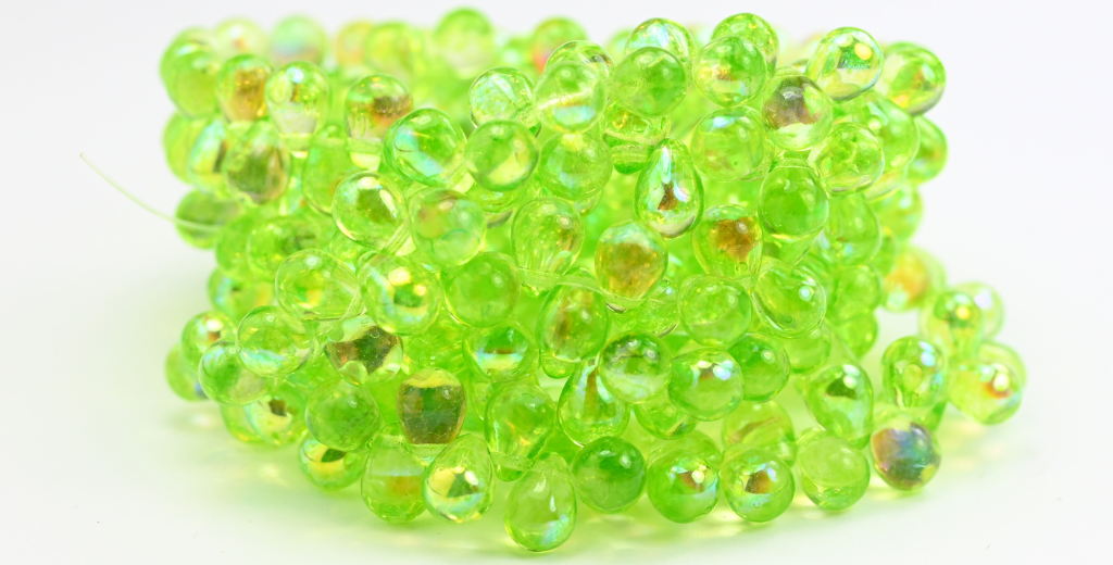 ペアドロッププレスガラスビーズ、クリスタルライトグリーンAb（00030-34310-AB）、ガラス、チェコ共和国