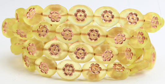 Oval Pressed Glass Beads With Flowers, Transparent Yellow Copper Lined Uranium Matte (80130-54200-URANIUM-M), Glass, Czech Republic