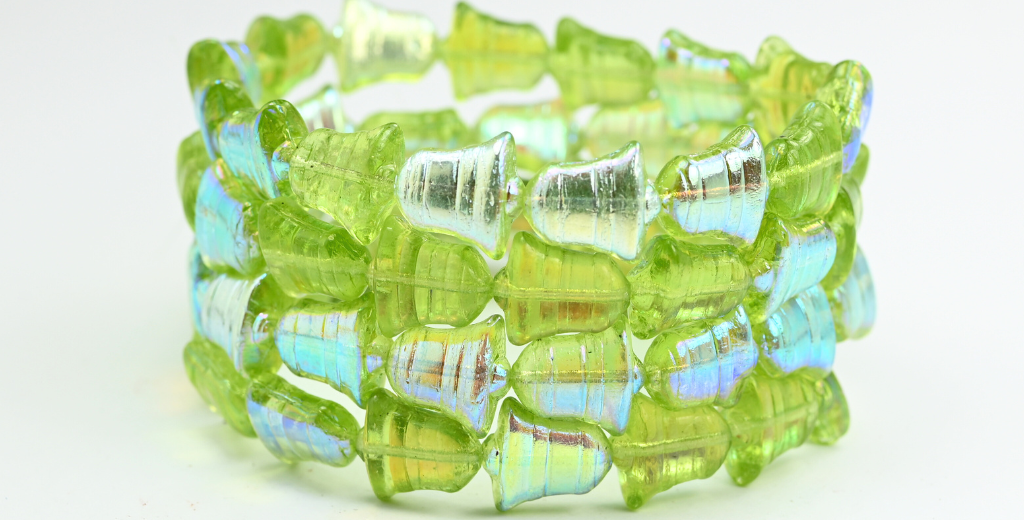 Flat Bell Beads, Transparent Green Ab (50200-AB), Glass, Czech Republic