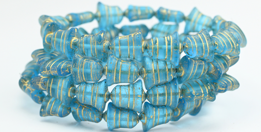 Flat Bell Beads, Transparent Aqua Gold Lined Matte (60020-54202-M), Glass, Czech Republic