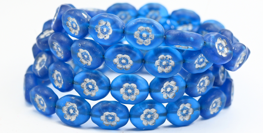 Oval Pressed Glass Beads With Flowers, Transparent Aqua Silver Lined Matte (60080-54201-M), Glass, Czech Republic