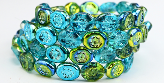 Oval Pressed Glass Beads With Flowers, 543003 (543003), Glass, Czech Republic