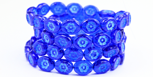 Oval Pressed Glass Beads With Flowers, Transparent Blue Light Blue Lined (30060-46460), Glass, Czech Republic