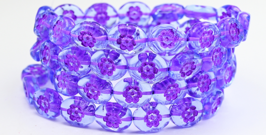 Oval Pressed Glass Beads With Flowers, Transparent Blue Purple Lined (30020-46420), Glass, Czech Republic