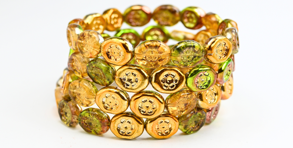 楕円形の押しガラスビーズ（花付き）、543006（543006）、ガラス、チェコ共和国