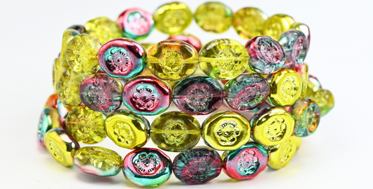 Oval Pressed Glass Beads With Flowers, 543008 (543008), Glass, Czech Republic