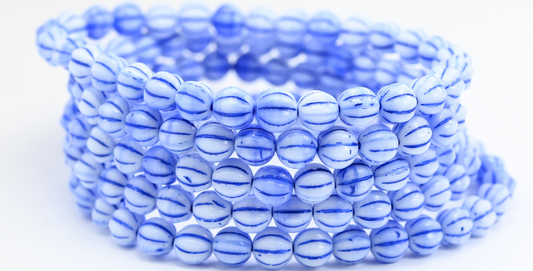 Melon Round Pressed Glass Beads With Stripes, 7324 Blue Lined (07324-46430), Glass, Czech Republic