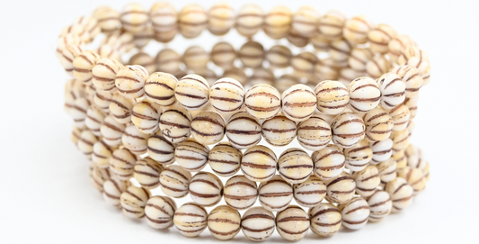 Melon Round Pressed Glass Beads With Stripes, Dark Beige Brown Lined (07193-46410), Glass, Czech Republic