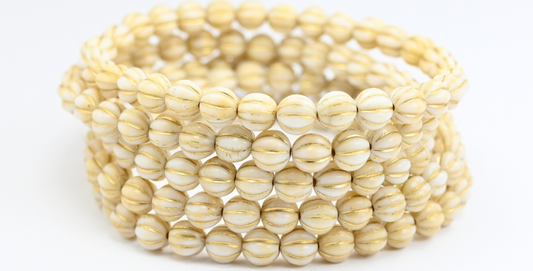 Melon Round Pressed Glass Beads With Stripes, Dark Beige Gold Lined (07193-54202), Glass, Czech Republic