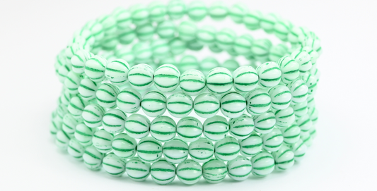 Melon Round Pressed Glass Beads With Stripes, Light Green Green Lined (07524-46450), Glass, Czech Republic